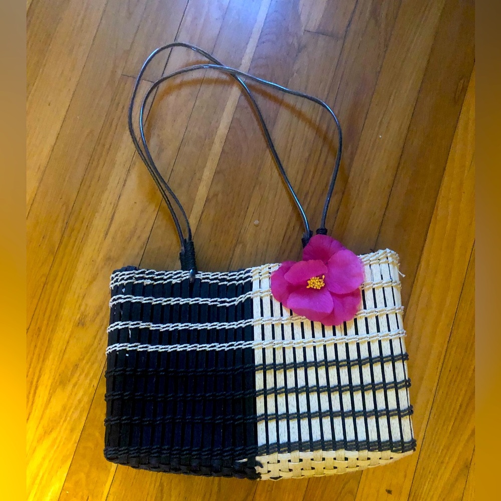 ALDO Beach Bag Beige & Black with Decorative Pink Poppy on Front of Bag, NWT